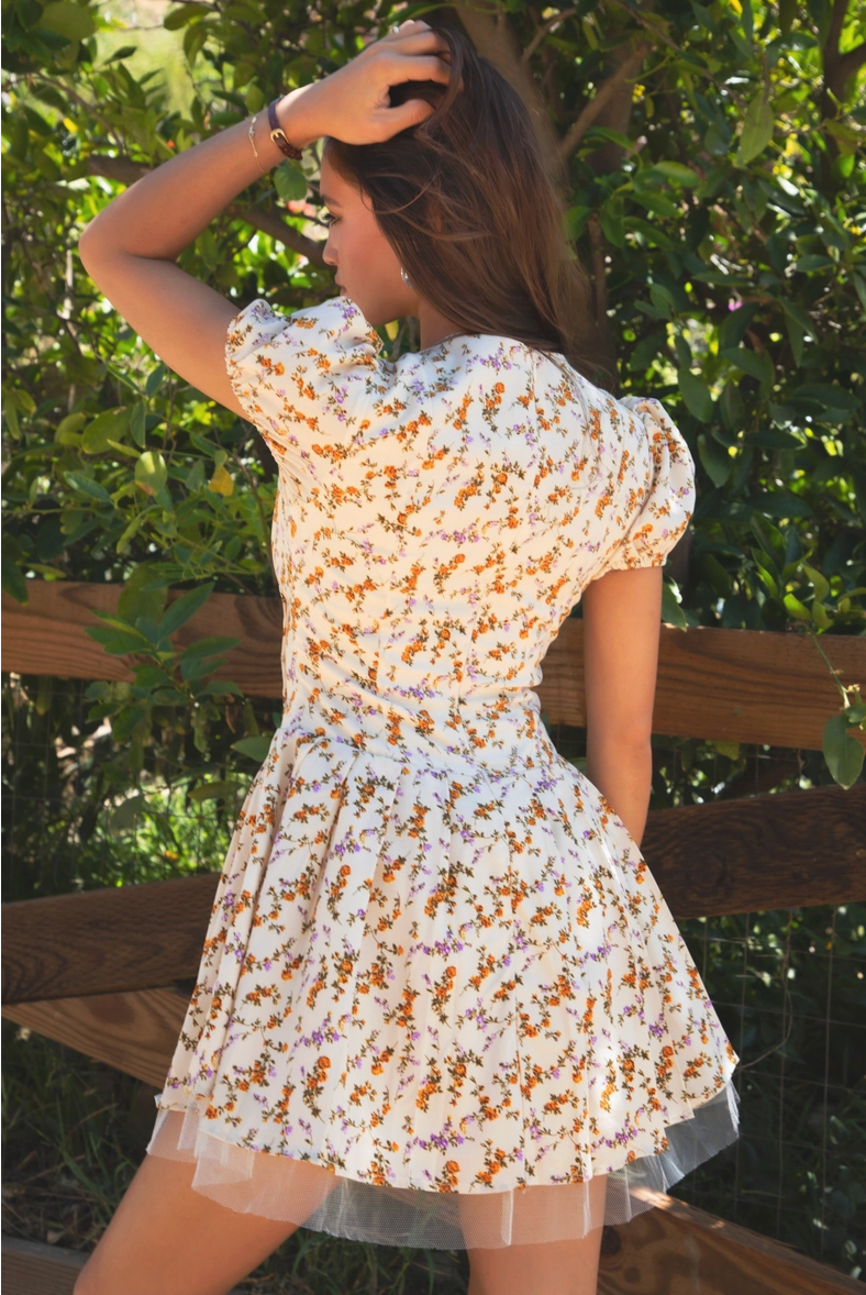 floral tulle mini dress JESSICA Floral Print A Line Tulle Short-Sleeve Mini Dress S