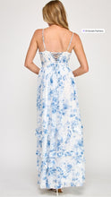 Load image into Gallery viewer, Mirabel - blue floral print chiffon corset frill maxi dress