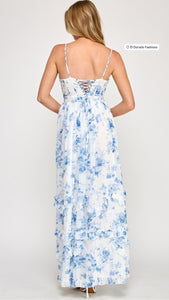 Mirabel - blue floral print chiffon corset frill maxi dress