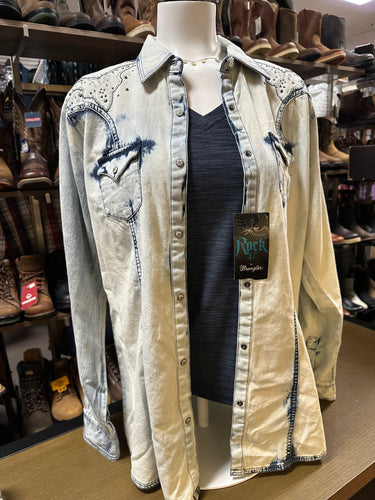 Rock 47 by Wrangler ladies snap western shirt - bleach denim wash (final sale)