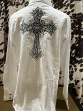 Load image into Gallery viewer, Wrangler ladies western shirt - white with stripes and embroidery (stain, final sale)