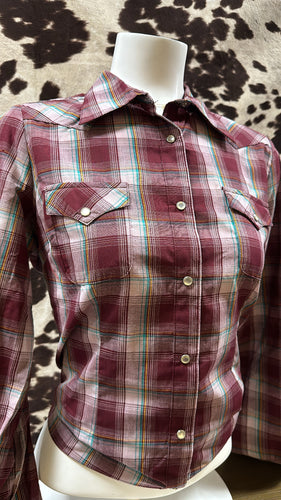 Wrangler ladies snap button shirt - plaid burgundy (final sale)
