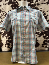 Load image into Gallery viewer, Wrangler ladies snap button short sleeve shirt - baby blue plaid (final sale)