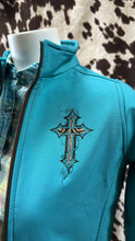 Load image into Gallery viewer, Cowgirl Hardware ladies softshell jacket - turquoise and cross (final sale)