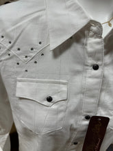 Load image into Gallery viewer, Wrangler ladies western shirt - white with stripes and embroidery (stain, final sale)
