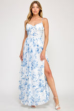 Load image into Gallery viewer, Mirabel - blue floral print chiffon corset frill maxi dress