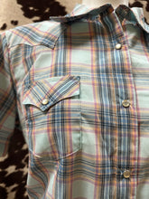 Load image into Gallery viewer, Wrangler ladies snap button short sleeve shirt - baby blue plaid (final sale)