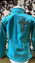 Load image into Gallery viewer, Cowgirl Hardware ladies softshell jacket - turquoise and cross (final sale)