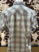 Load image into Gallery viewer, Wrangler ladies snap button short sleeve shirt - baby blue plaid (final sale)