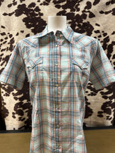 Load image into Gallery viewer, Wrangler ladies snap button short sleeve shirt - baby blue plaid (final sale)