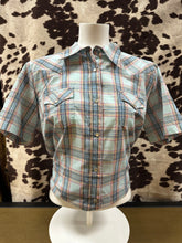 Load image into Gallery viewer, Wrangler ladies snap button short sleeve shirt - baby blue plaid (final sale)