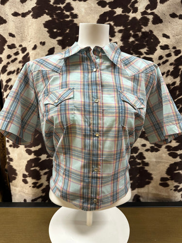 Wrangler ladies snap button short sleeve shirt - baby blue plaid (final sale)