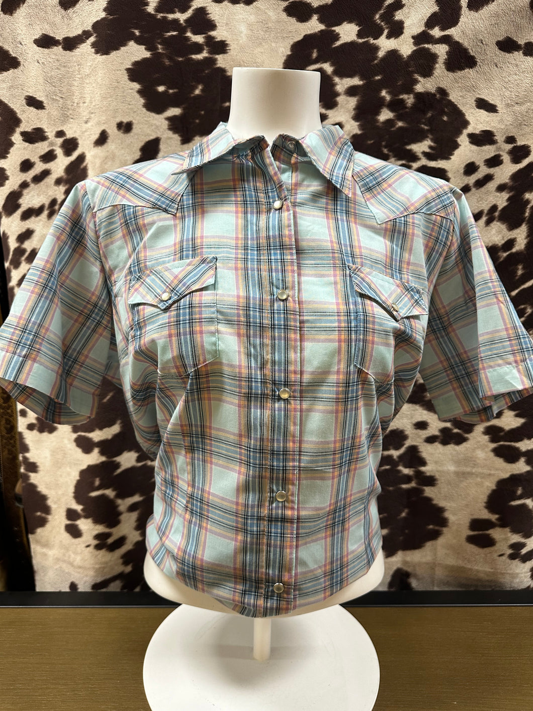 Wrangler ladies snap button short sleeve shirt - baby blue plaid (final sale)