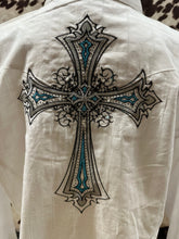 Load image into Gallery viewer, Wrangler ladies western shirt - white with stripes and embroidery (stain, final sale)