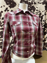 Load image into Gallery viewer, Wrangler ladies snap button shirt - plaid burgundy (final sale)