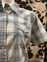 Load image into Gallery viewer, Wrangler ladies snap button short sleeve shirt - baby blue plaid (final sale)