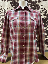 Load image into Gallery viewer, Wrangler ladies snap button shirt - plaid burgundy (final sale)