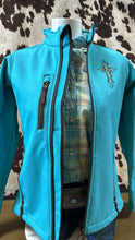 Load image into Gallery viewer, Cowgirl Hardware ladies softshell jacket - turquoise and cross (final sale)