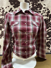 Load image into Gallery viewer, Wrangler ladies snap button shirt - plaid burgundy (final sale)