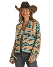 Load image into Gallery viewer, Rock and Roll Denim Teddy Berber Jacket with Fringe - Turquoise