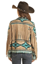 Load image into Gallery viewer, Rock and Roll Denim Teddy Berber Jacket with Fringe - Turquoise