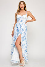 Load image into Gallery viewer, Mirabel - blue floral print chiffon corset frill maxi dress