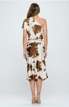 Load image into Gallery viewer, Veronica  - Cow Print One Shoulder Midi Satin Dress ( Brown )