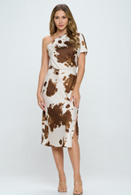 Load image into Gallery viewer, Veronica  - Cow Print One Shoulder Midi Satin Dress ( Brown )