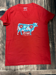 Ariat women flower cow SS tee shirt - equestrian Red