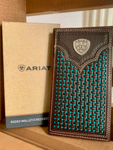 Load image into Gallery viewer, Ariat Rodeo Wallet/Checkbook cover - Ariat shield concho with weave design (turquoise)