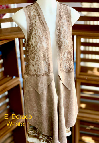 Women's Lace & Suede Vest - Stone