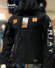 Load image into Gallery viewer, Rebar Stretch Canvas Softshell Hooded Logo Jacket - Black / Grey